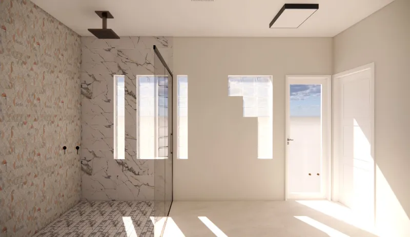 4D render of a bathroom with a patterned-tile shower wall, glass-block windows and a white door