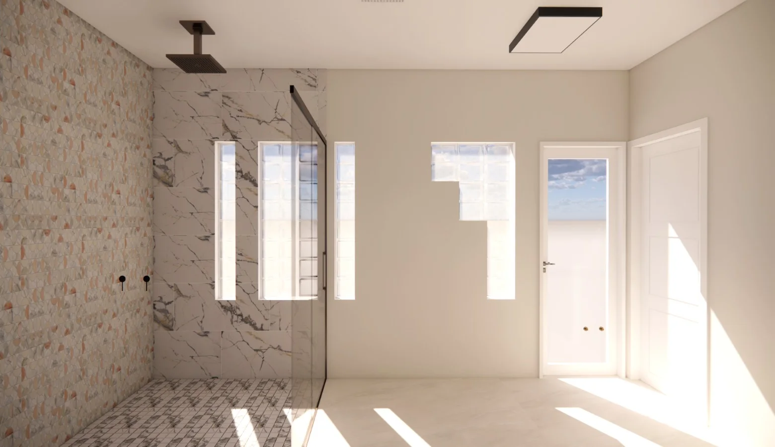 Proyecto 4D de baño con pared de ducha de revestimiento decorativo, ventanas de pavés y puerta blanca