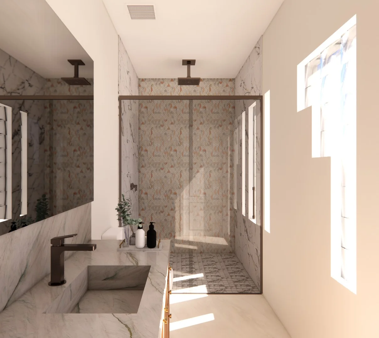 Proyecto 4D de baño con encimera de piedra, lavabo integrado y mampara de cristal