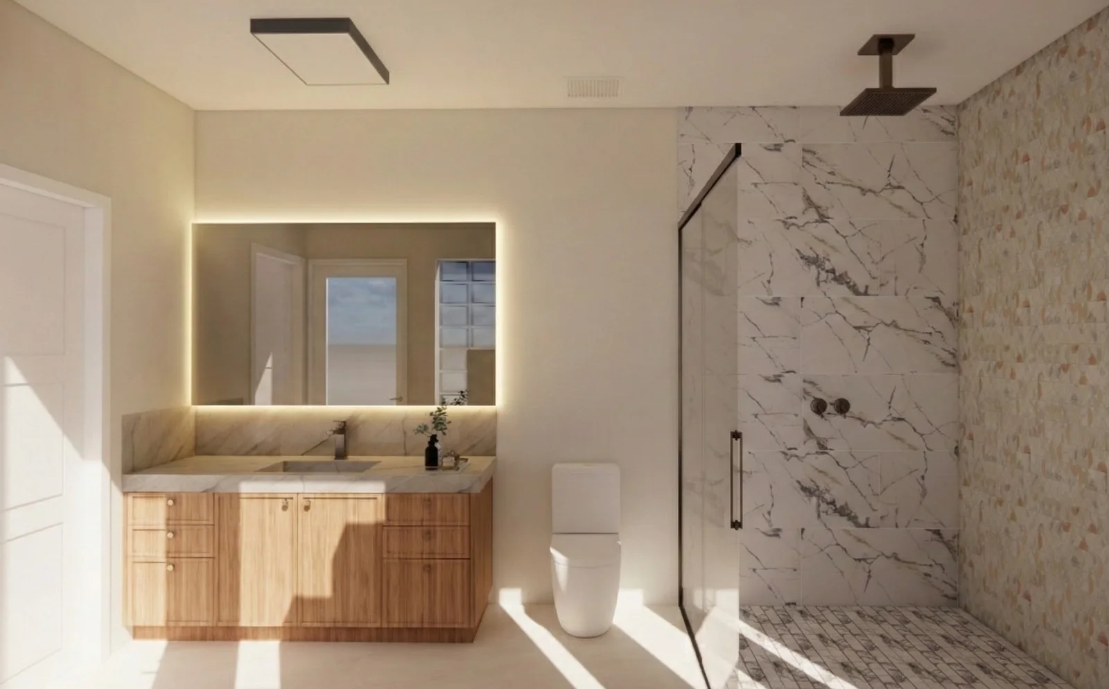 Proyecto 4D de baño con mueble de madera, espejo retroiluminado y ducha con aspecto de mármol