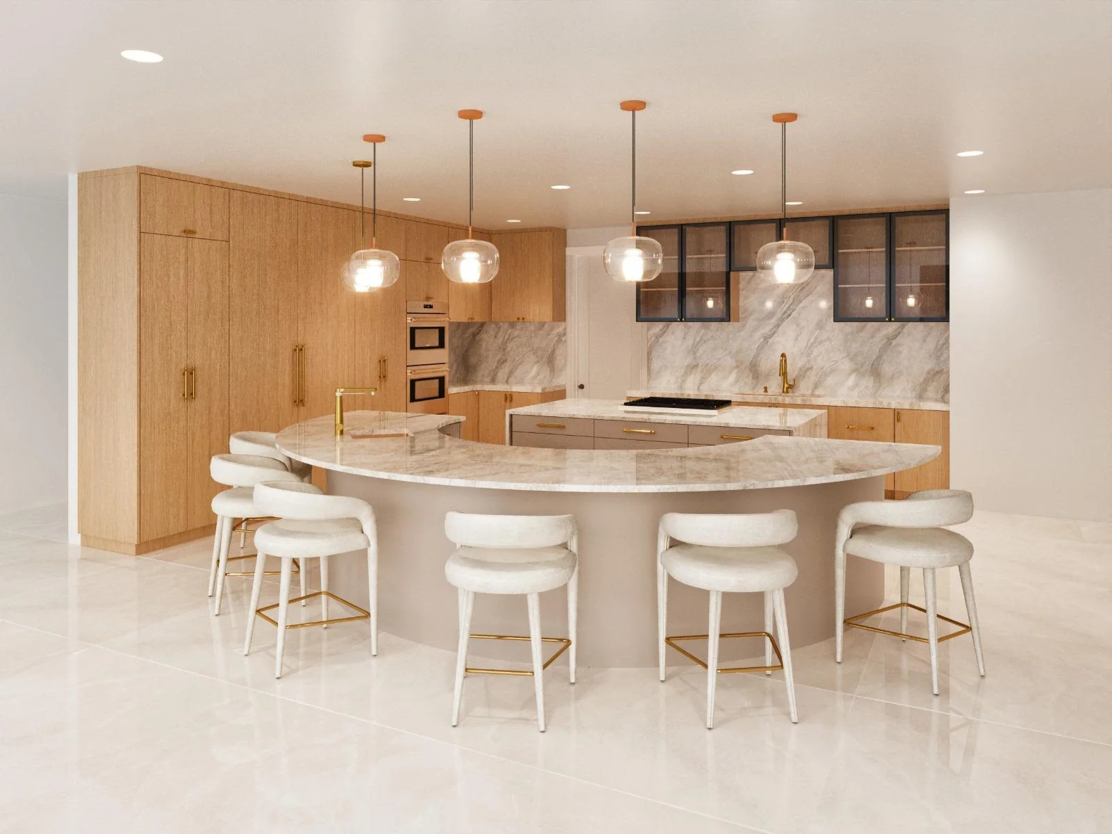 Proyecto 4D de cocina con isla curva de piedra, taburetes blancos y armarios de madera clara