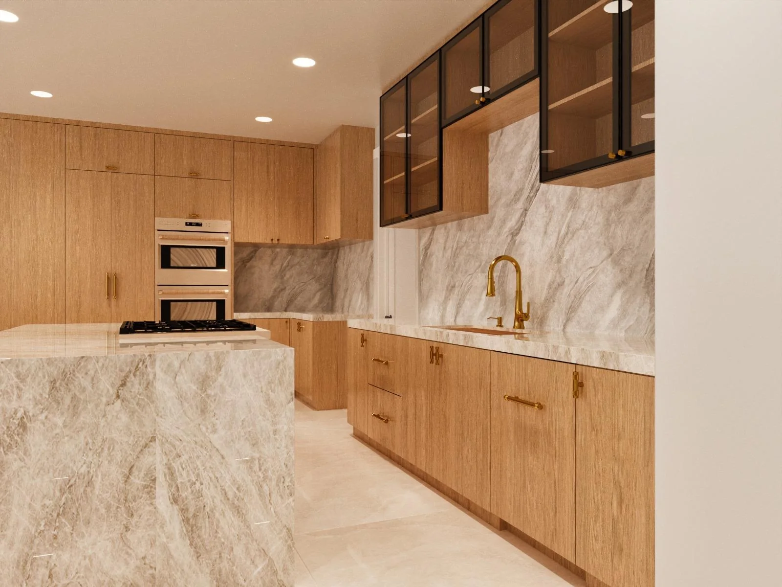 Proyecto 4D de cocina con armarios de madera clara, frontal de piedra, isla en cascada y grifería dorada