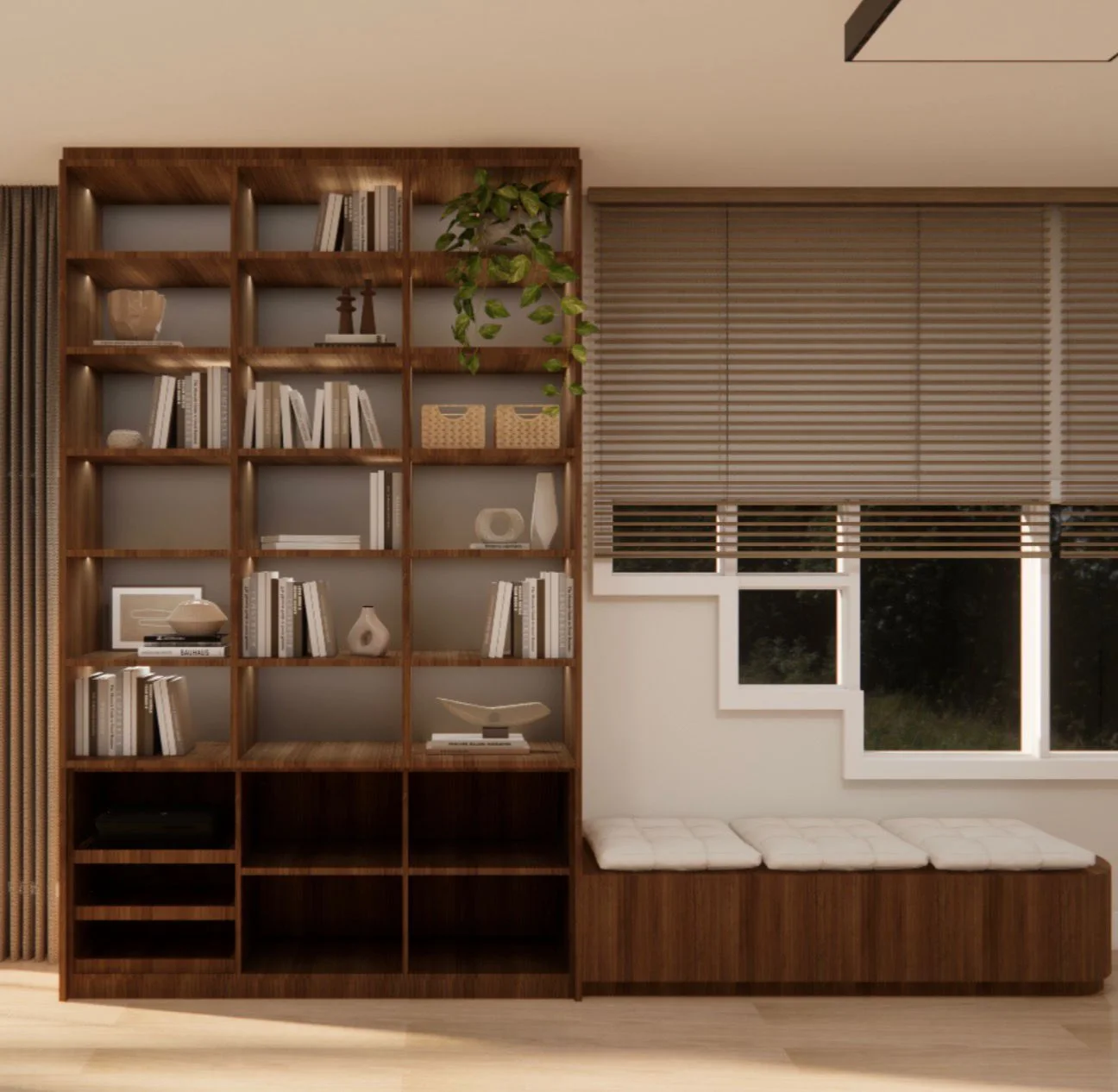 Proyecto 4D de librería a medida en madera oscura con banco acolchado junto a la ventana y persianas venecianas de madera