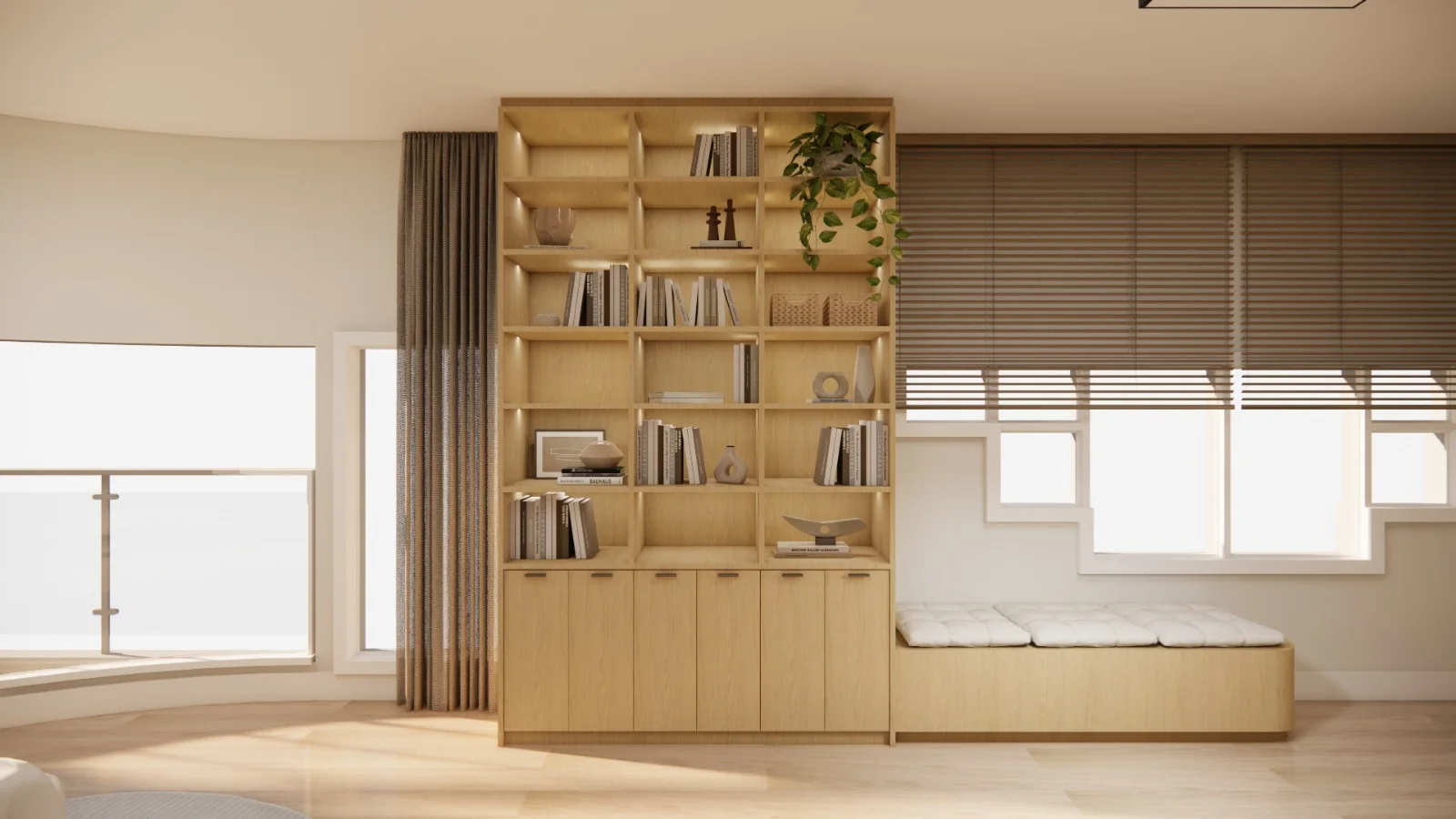 Proyecto 4D de librería a medida en madera clara con armarios, banco acolchado junto a la ventana y persianas venecianas de madera